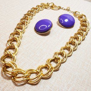 Vintage Gold  Cuban Link 23" Chain Necklace & Statement Stud Earring Set JS780